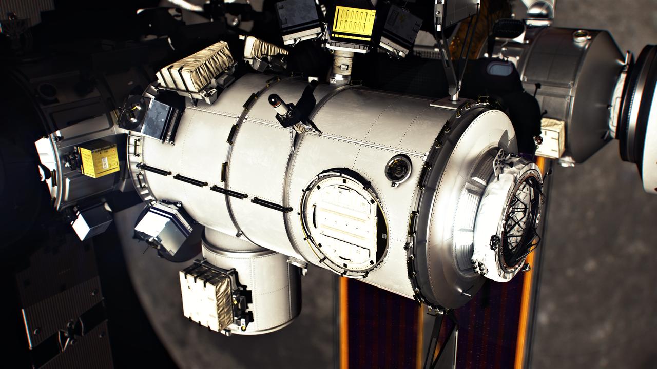 A close-up of a government-reference airlock module for the Gateway Space Station. Mission planning calls for an airlock to be delivered and integrated to Gateway by the crewed Orion spacecraft on the Artemis VI mission after launching on a Space Launch System (SLS) Block 1B rocket.